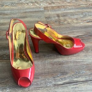 Guess, Size 6.5, red patent, 4” open toed heel